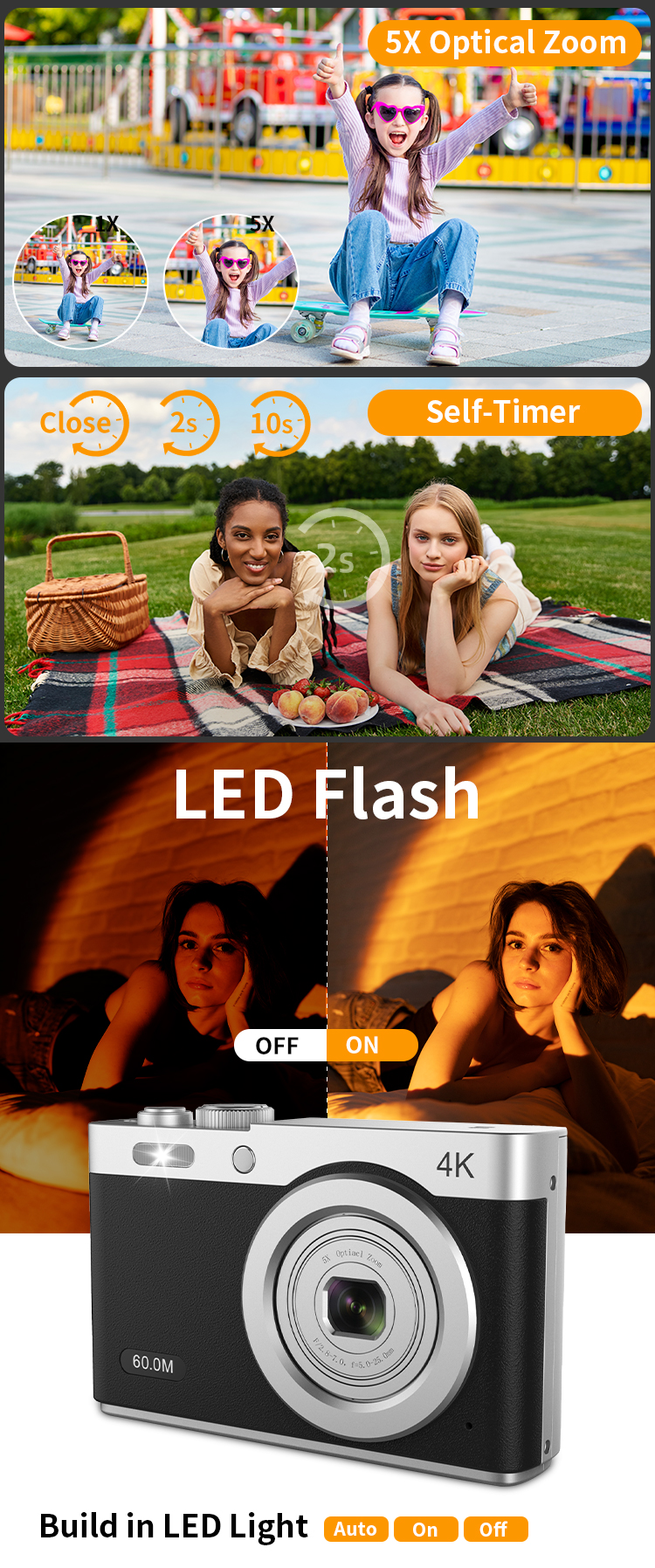 2026 Hot Sale 4K Video CMOS Digital Cameras 5X Optical Zoom 2.8 Inch IPS Screen with Auto Focus Anti-Shake Function Vlog Camera