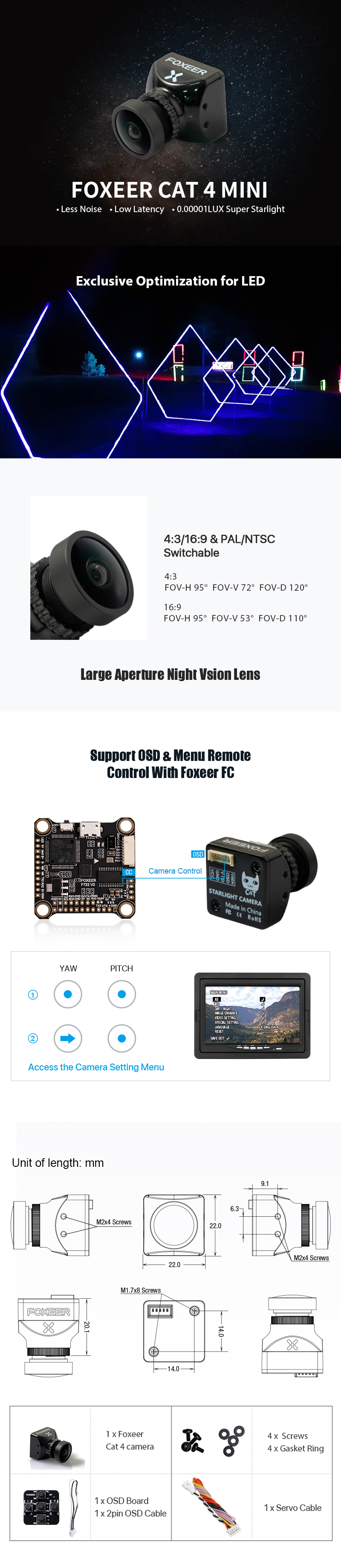 New Design Foxeer Cat4 1200Tvl M12  2.1mm Low Light Lens Professional Night Vision Camera for Drones