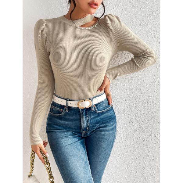 Autumn and winter new minimalist solid color design sense pearl pullover knitted women's sweater