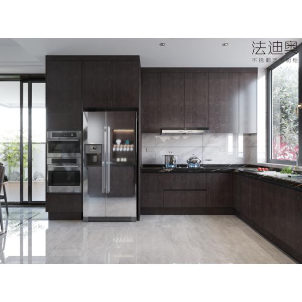 Luxe Espresso Wood Grain Stainless Steel Cabinets For Timeless Kitchen Elegance
