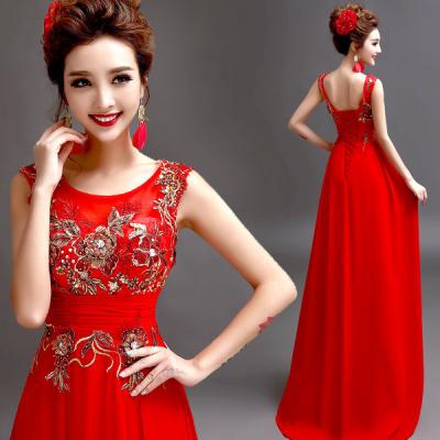 Red Tank Sleeveless Embroidery Flower Toast Dress Gorgeous Evening Dress TSJY099