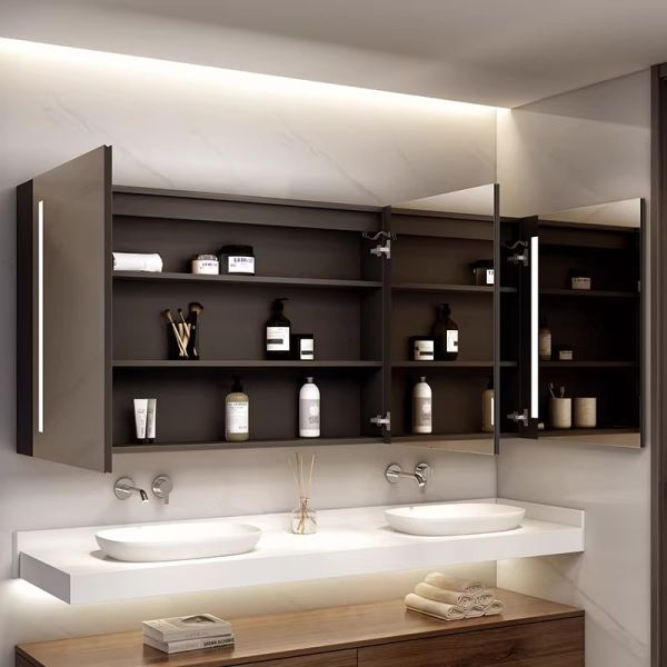 Kingstin LED Bathroom Mirror Cabinet with Lights, Defogger, 3 Colors, Outlet, Aluminum/Stainless Wall Mount Medicine Cabinet