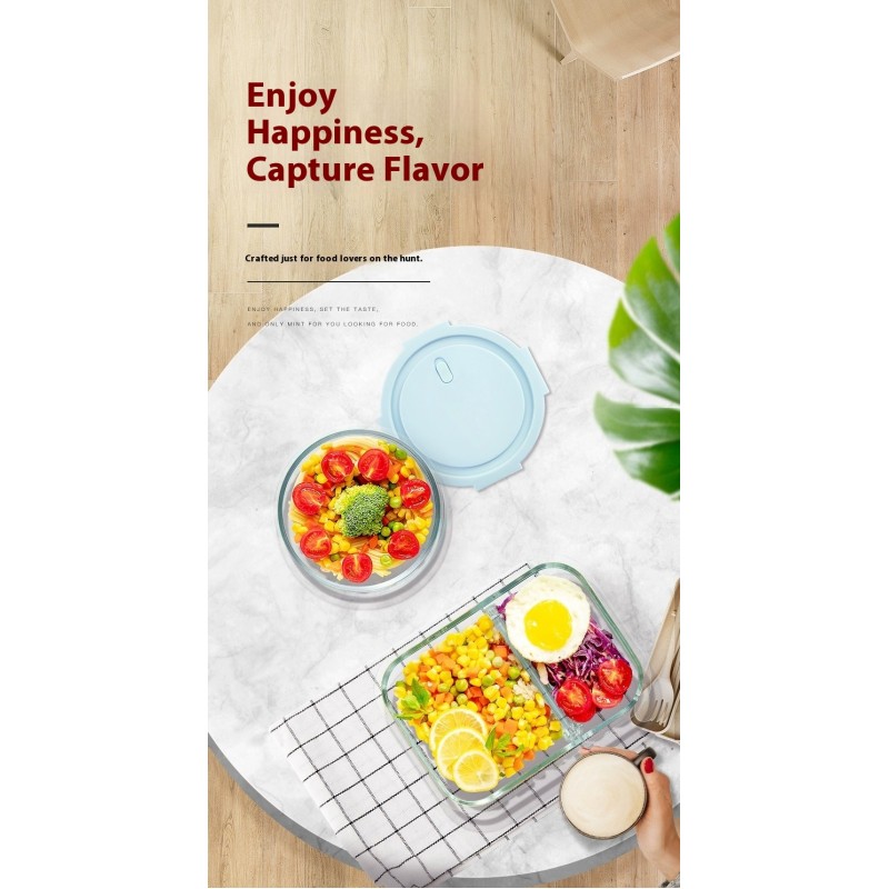 Microwaveable Transparent Glass Crisper Lunch Box Seal Proof Food Container with Plastic Lid for Office Workers