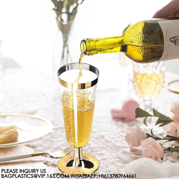 Gold Rim Plastic Champagne Glasses Perfect For Wedding, Thanksgiving Day, Christmas Champagne Flutes Disposable