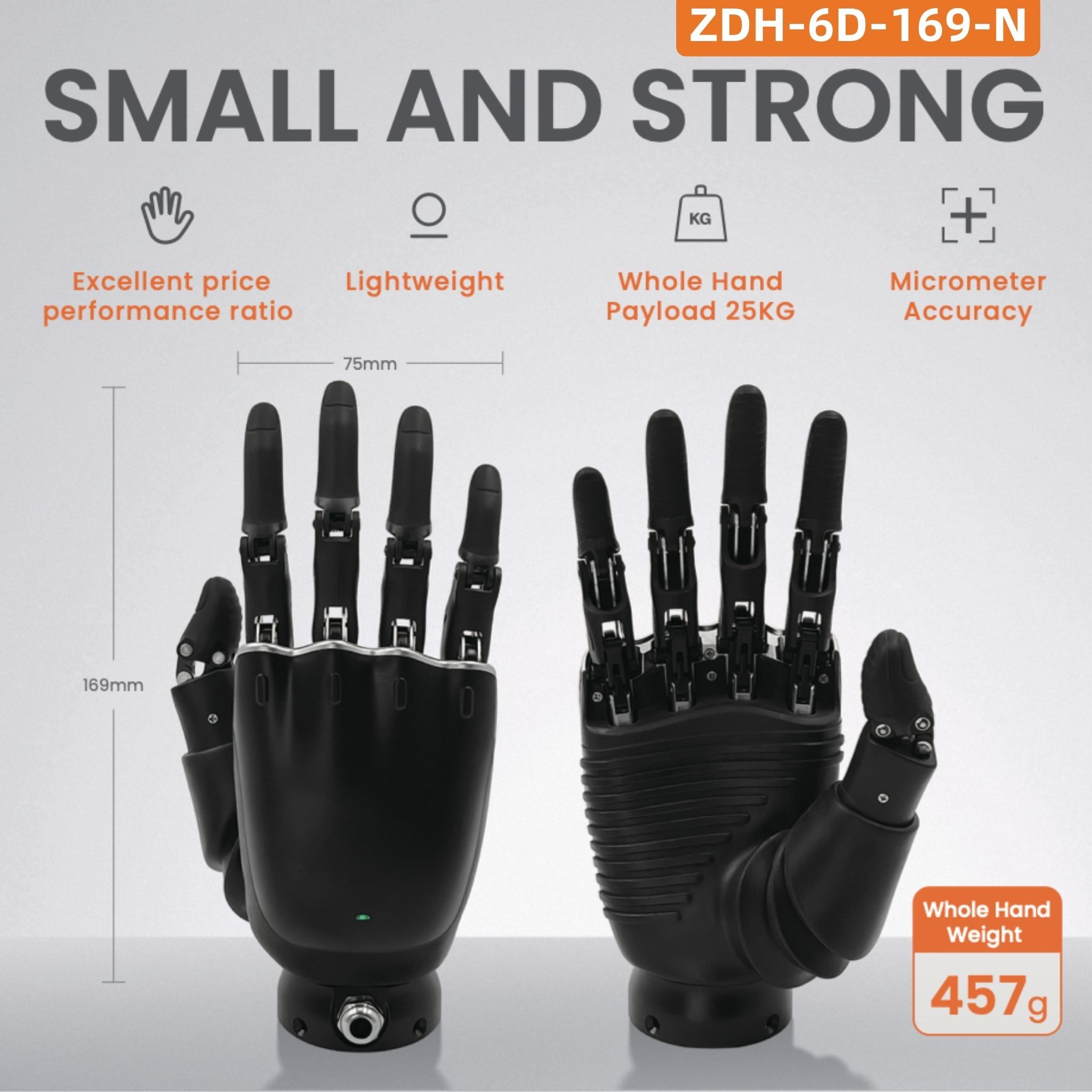 ZBDynamiX 169mm 457g Small Robotic Dexterous Hand 5 Fingers 6 DoF 25kg Payload