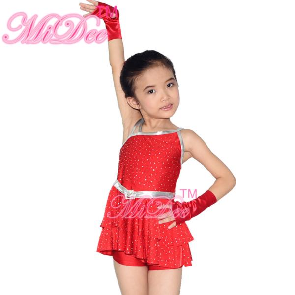 Diagonal Neck Kids Dance Costumes Pink Blue Red Confetti Spandex Outfits