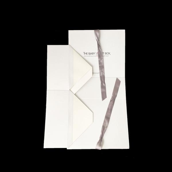 Matte White Printed Logo Rigid Paper Gift Box Baby Gift Packaging With Ribbon Closure