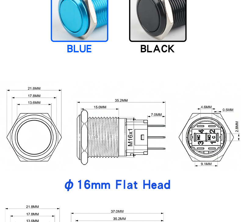 16mm Full-Oxygen Color Metal Push Button Switch 1NO1NC Self-Resetting and Self-Locking Red Green Yellow Blue Black 3-Pin