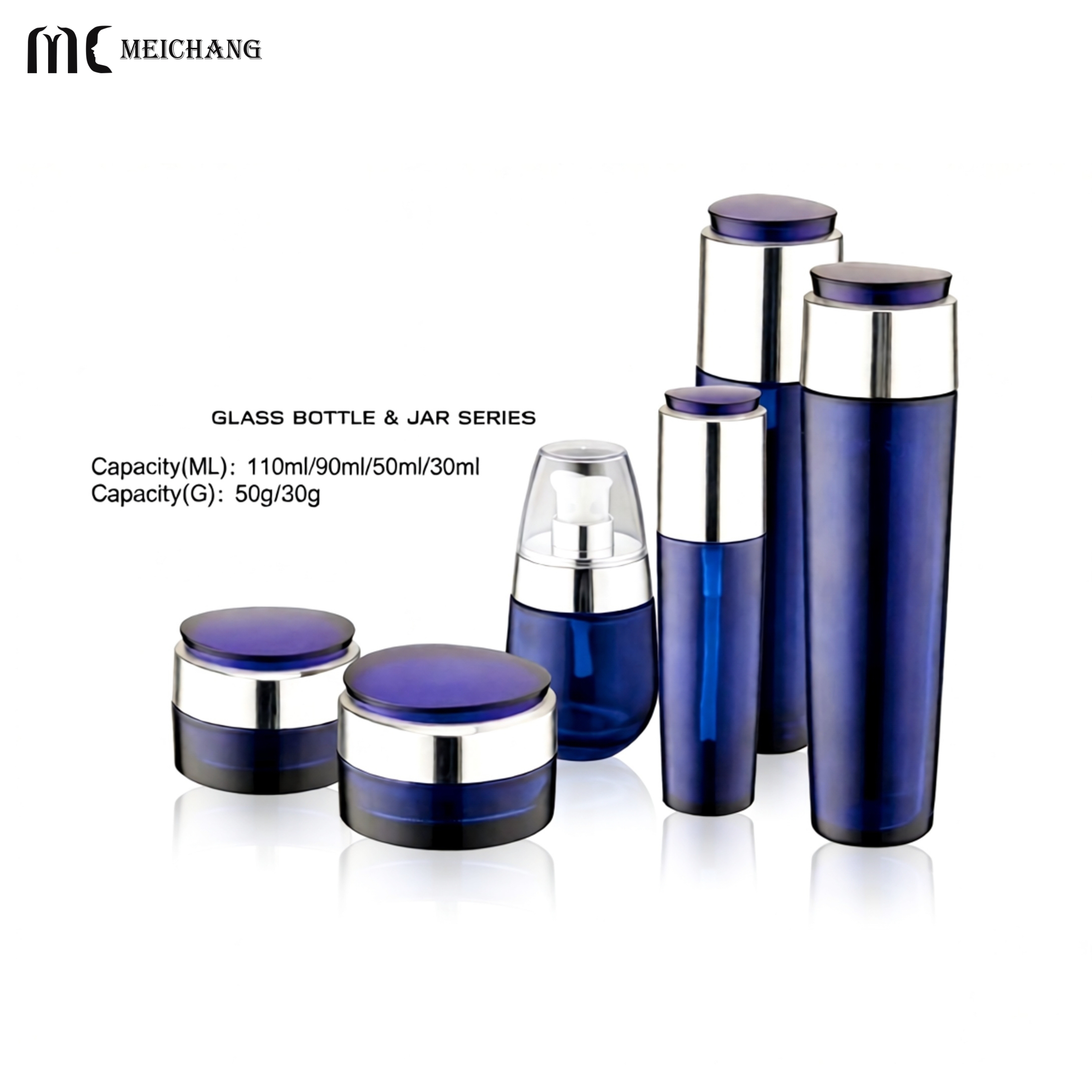 30g/50g/30ml/50ml/90ml/110ml Premium Glass Skincare Packaging Set with Creative Caps Multi-Size Glass Bottles & Cream Jars(MC-326)