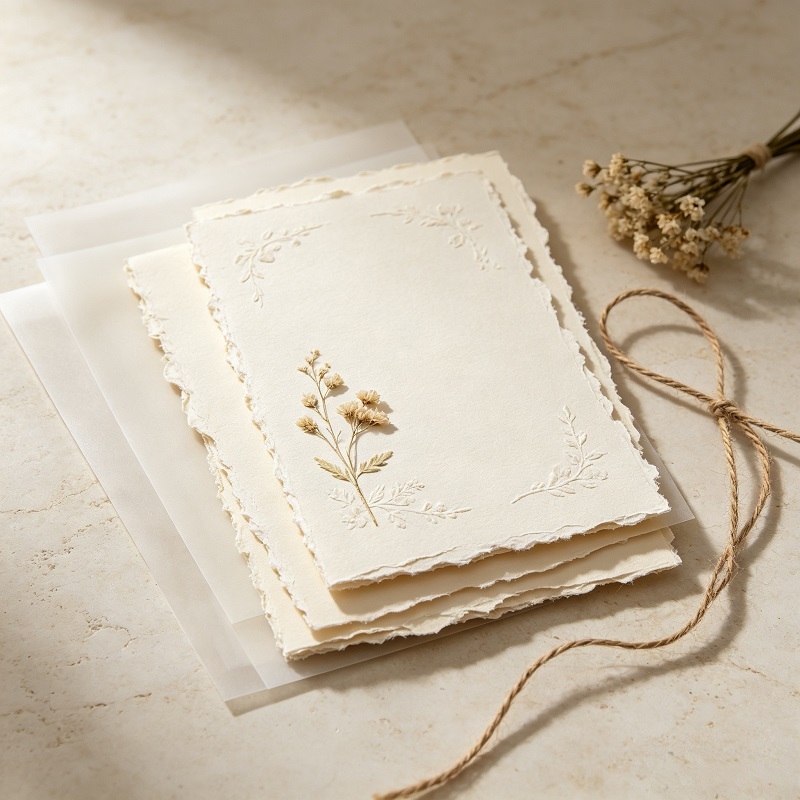 Custom handmade deckle edge wedding invitation with pressed flowers