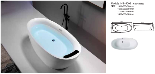 Acrylic Hotel Bathtub with Glossy Surface Finish, Center Drain Location, and Freestanding Installation