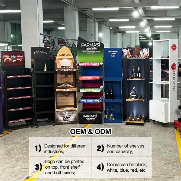 Strong Metal 4 Layers Custom Design Advertising Poster Product Display Stand with wheels