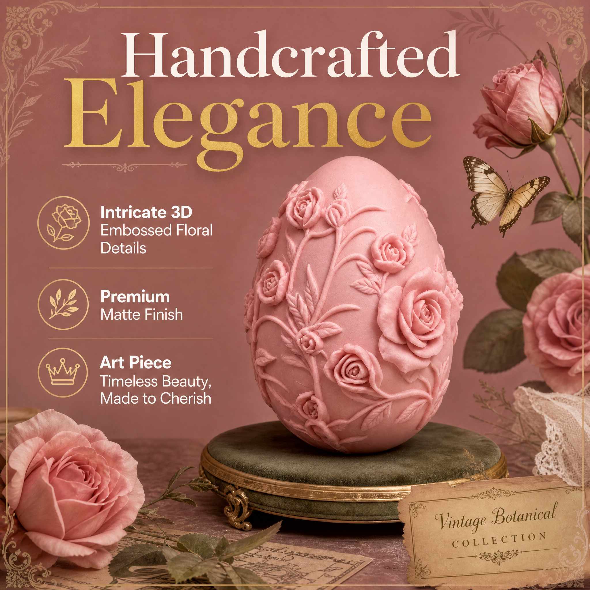 Table 3D Printed Arts Embossed Floral Easter Egg Sculpture Ornament