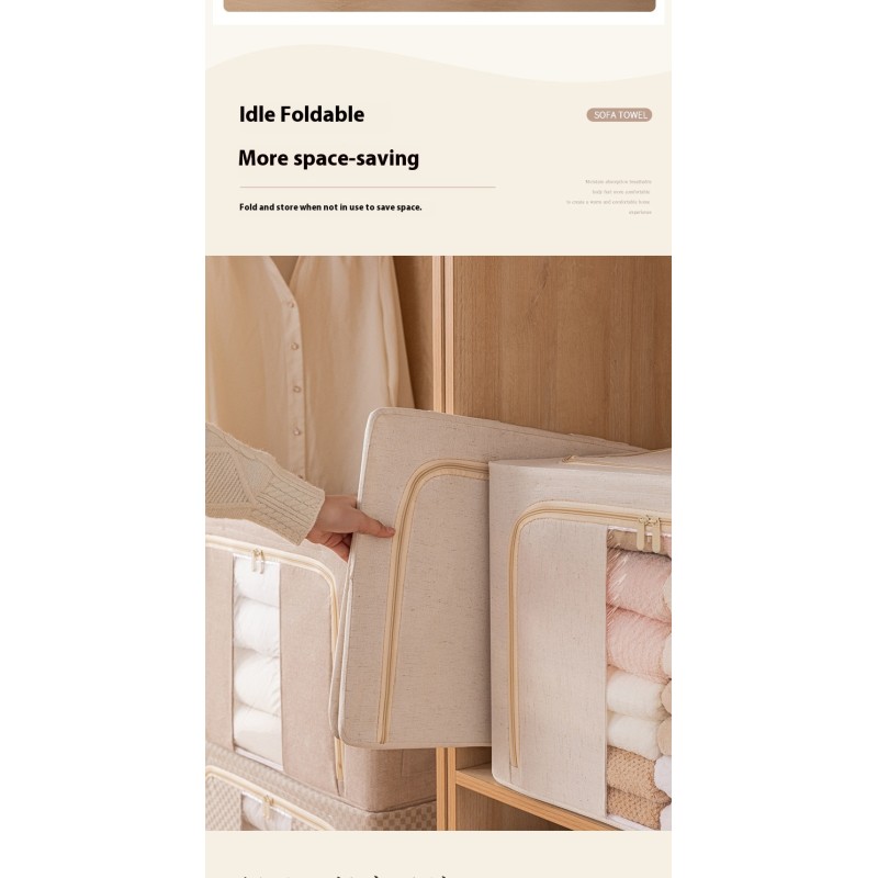 Modern Cotton Linen Clothing Storage Box with Steel Frame Foldable Quilt Down Jacket Organizer Fabric Storage Box