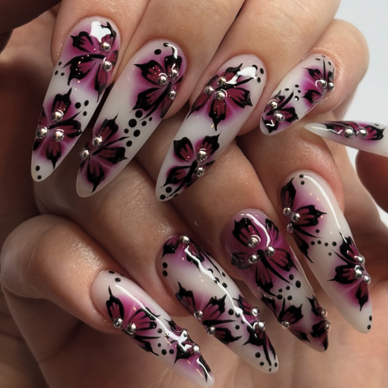 Stiletto Long Bling Press On Nails Butterfly Fake Nails With Stones