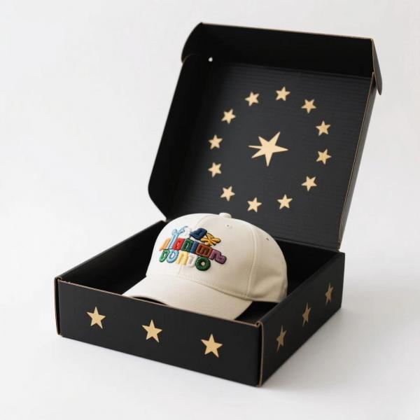 Custom Logo Print Black Corrugated Cardboard Paper Mailer Shipping Baseball Cap Gift Box Packaging