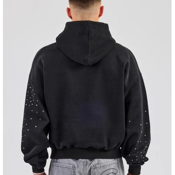 Custom Pullover Hoodie Men Streetwear Embroidery Logo Vintage Acid Wash Oversized Drop Shoulder Rhinestone Hoodie