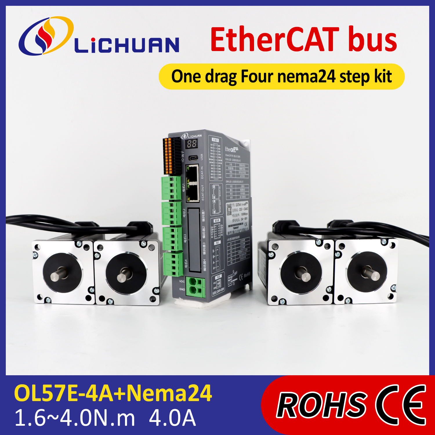Lichuan 4A DC Open Loop Stepper Motor Drivers Kit EtherCAT 2.5N.m 2 Phase Nema24 DC24V～50V 4.0A