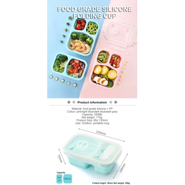 Silicone 3 Sections Bento Lunch Box Collapsible With Spork