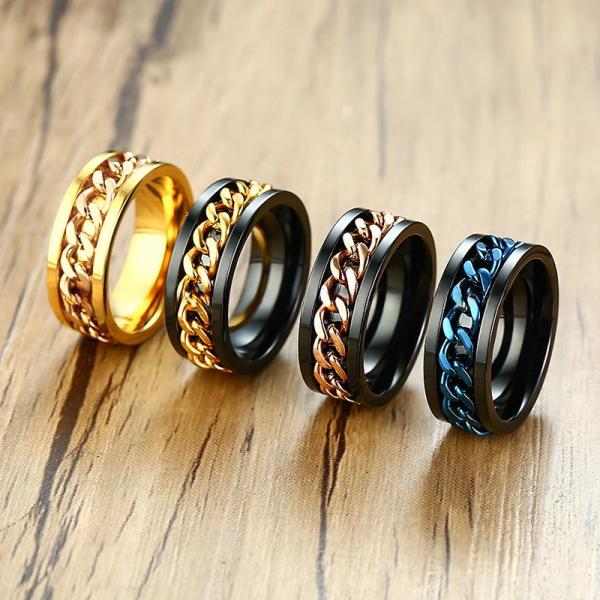 Decompression Stainless Steel Spin Ring Gold Silver Rose Gold Blue Chain Inlay For Men