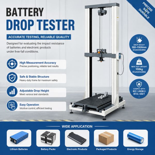 Battery Drop Test Machine for Lithium Battery Impact Testing | Adjustable Free Fall 400–1500mm | Pneumatic Clamping | IEC 62133 & UN38.3 Battery Testing Equipment