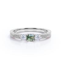 Corte brillante redondo Moss Green Agate transparente natural y Moissanite - anillo de compromiso afiligranado tallado de Milgrain