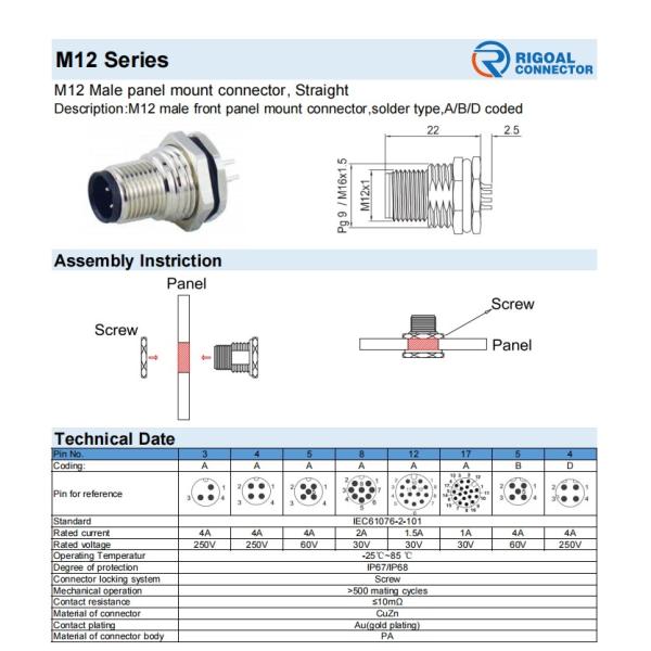 Код соединителя 3Pin 4Pin 5Pin a держателя M12 панели электрического винта мужской женский