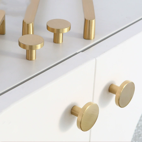 Modern Classic Round Solid Brass Knobs with Brushed Gold Finish for Dresser Drawer Bedroom & Bathroom Cabinets & Kitchen Use