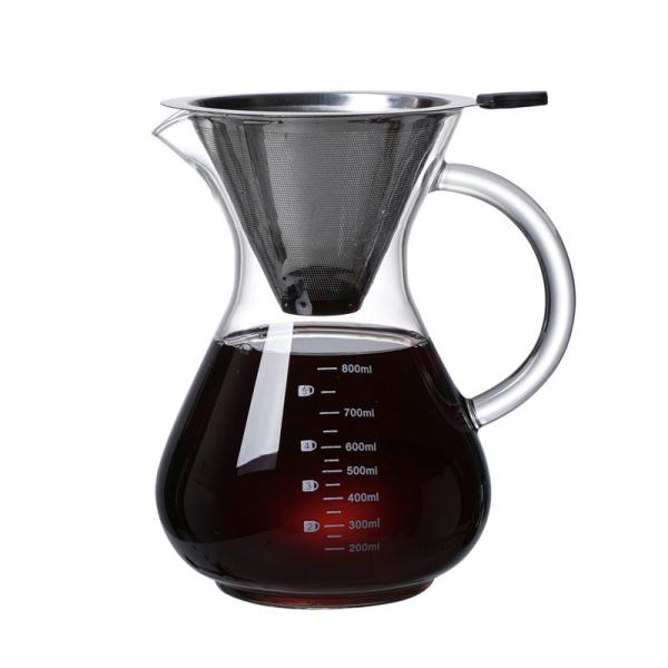 B2B Custom 400ml Glass Pour Over Coffee Brewer|Stainless Steel Filter&Wood Sleeve|Camping Brewing Pot