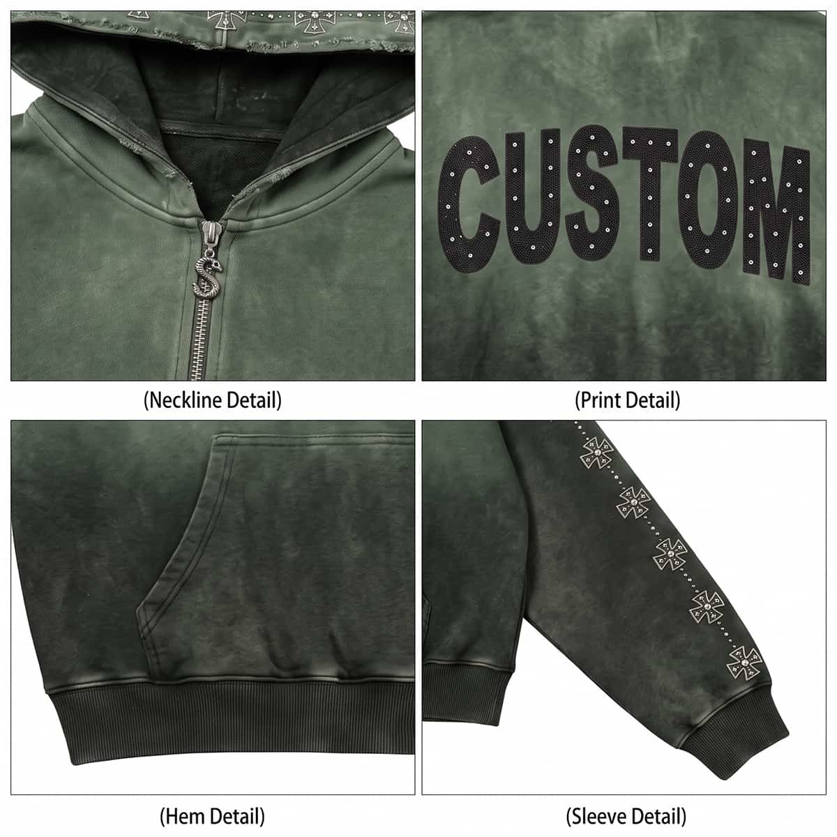 Custom Heavyweight Rhinestone Print Acid Wash Hoodies for Men