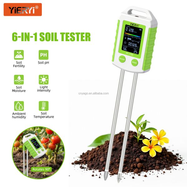 YIERYI 6-in-1 Soil Tester with 90° Rotatable Display for One-Step Operation - Measures pH, Fertility, Moisture, Light, Temperature, and Humidity