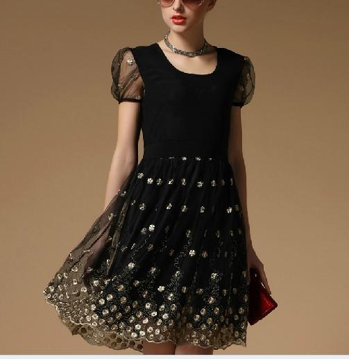 Ladylike style Scoop neck Embroidery lace short sleeves Slimming Burnt-out dress for women