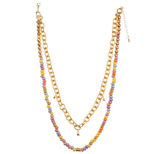 Wholesale 14K Gold-Plated Pendant Paper Clip Chain Link Multicolor Beaded Necklace Set