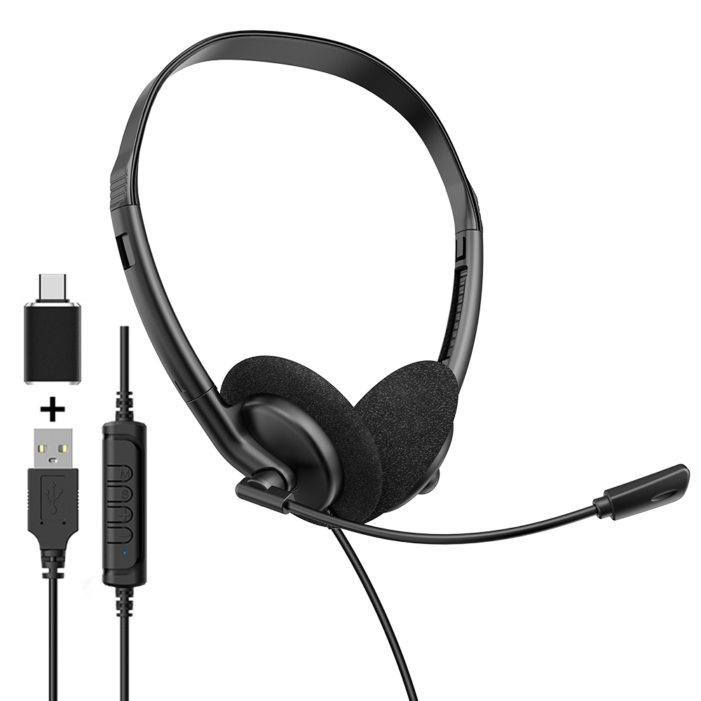 Lightweight wired telephone headset with ENC noise‑cancelling flexible boom microphone. Supports USB, Type‑C & 3.5mm jack, perfect for call centers, remote work, online meetings and classes，OEM & ODM