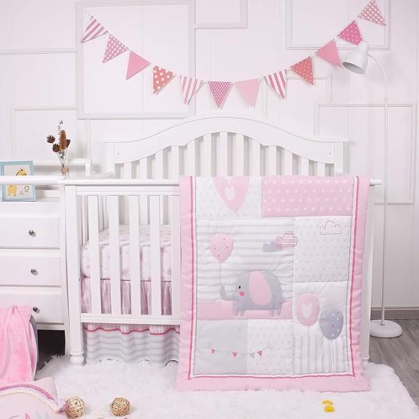 3-Piece Grey Crib Set with 52x28 Fitted Sheet, Quilt & Skirt