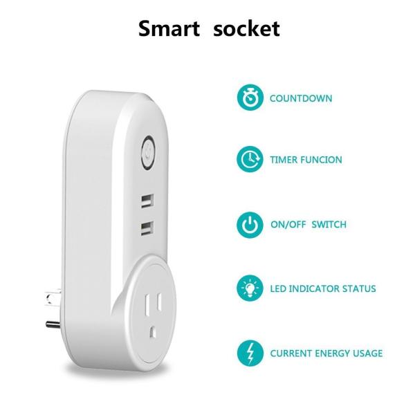 Smart WiFi Power Plug Outlet Socket with 2PCS USB Port App Control Timer Function Compatible with Amazon Alexa Google