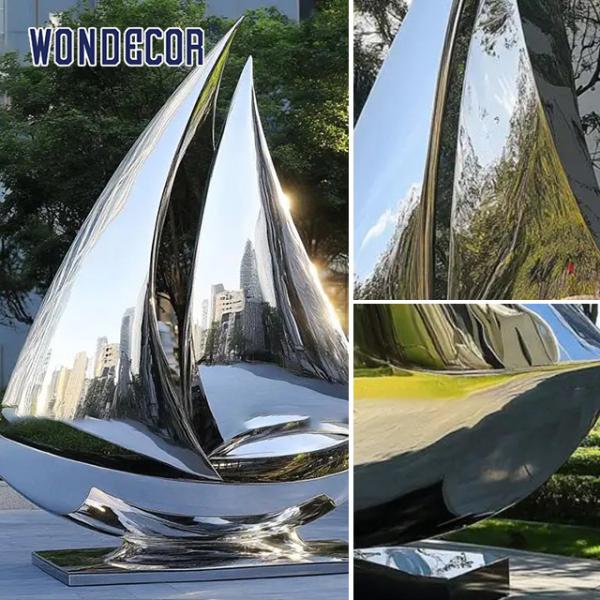 Океанская художественная декорация скульптура зеркало скульптура парусной лодки из нержавеющей стали