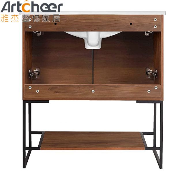 Modern Bathroom Vanity Cabinet with Steel Legs Open Shelf and Two Door Design