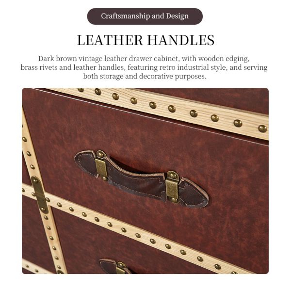 Nidea #305 Vintage Brown Genuine Leather Aviator Storage Trunk Cabinet Side Table Chest Cabinet Industrial Aviator File Furniture