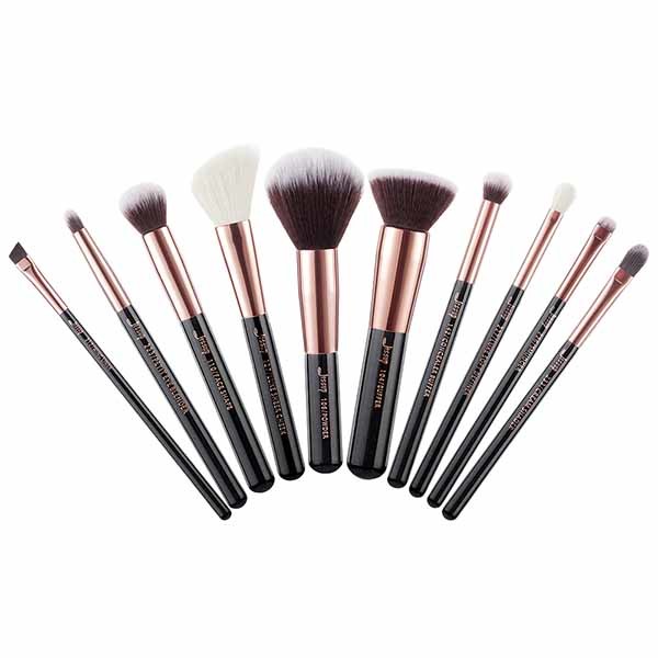 Jessup 10pcs Real Hair Makeup Brush Set Black And Rose Gold Makeup Brushes