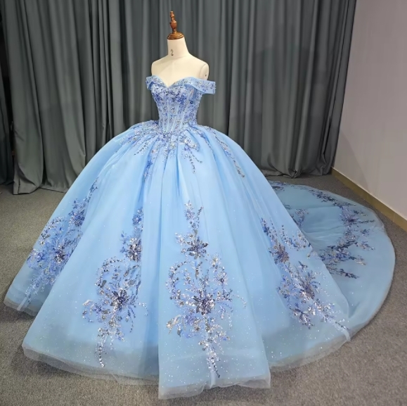 Glitter Off-the-shoulder V-neck Appliqued Lace Beaded Chapel Train Ball Gown Long Blue Tulle Quinceanera Dress 