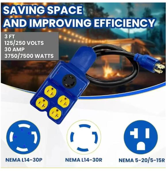 Cable adaptador de generador 5 en 1 con cable de alimentación de EE. UU. NEMA L14-30P a cuatro 5-20R / 5-15R y adaptador de alimentación marina para vehículos recreativos L14-30R