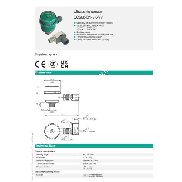 PEPPERL+FUCHS Ultrasonic Sensor UC500-D1-3K-V7 with 0.01% FS Accuracy and IP65 Protection for Industrial Automation