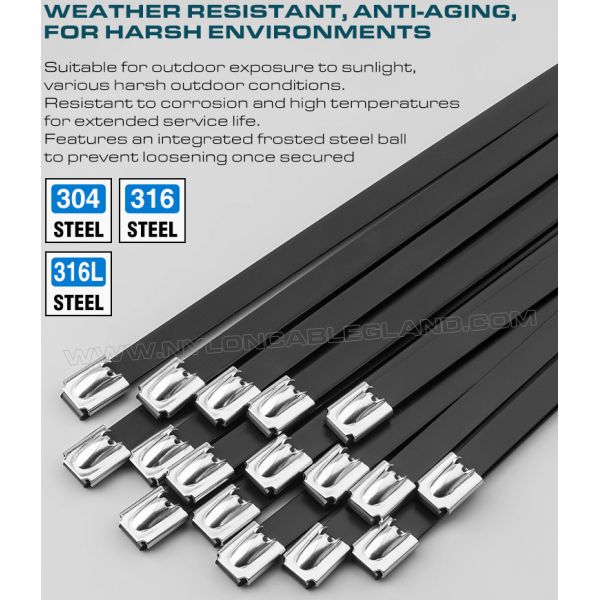 Plastic Coated Metal Cable Ties, Stainless Steel Type 304, 316 or 316L, Length 200~1100mm x Width 16mm, 200 Lbs, Outdoor Use PVC Coated Metal (Stainless Steel) Cable Ties, Version 316L, 316 or 304, L: 200~1100mm x W: 16mm, 200 Lbs, Outdoor Use