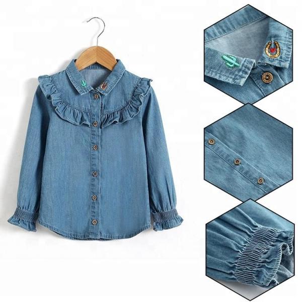 100% Cotton Children Slim Fit Long Ruffles Sleeve Denim Tops With Wood Button Closure
