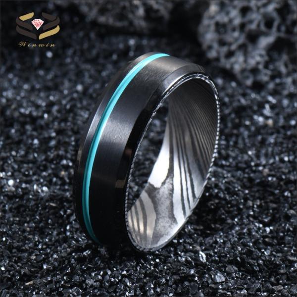 Anillo de Boda Negro de Tungsteno de Acero Damasco 8 mm con Línea Turquesa con Ranuras