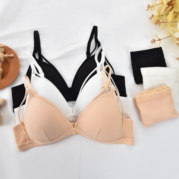 Wholesale High Quality New Fashion Bra With Thong Panty Set Cotton Quality Breathable Wire-Free Pad Adjusted Straps Bra