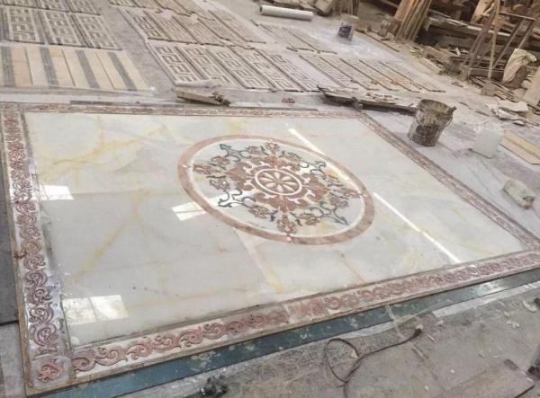 Parquet, natural stone parquet, engineered stone water jet medallion