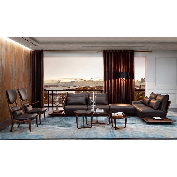 Elegent Solid Wood Accent Chair , Grey Leather Armchair Cow Leather Padded