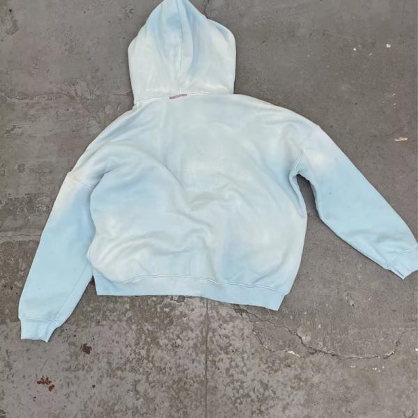 Custom Acid Wash Hoodie Zip Up Men Boxy 400gms 500gsm Heavyweight Sun Faded Distressed Aged Baby Blue
